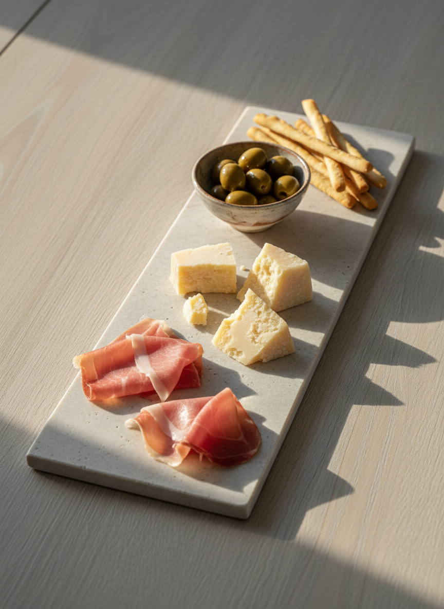 A meticulously arranged Italian antipasto board on a long, narrow slab of pale, honed travertine stone, placed on a desaturated oak table. The board presents a restrained selection: thin slices of prosciutto folded with precision, wedges of aged Parmigiano-Reggiano with a crystalline texture, a small ceramic bowl of glossy green olives, and a few grissini laid in a clean diagonal line. Colors are softly muted—dusty pinks, warm creams, gentle olive greens—complementing the neutral background. Soft, side-lit golden hour light streams from the left, enhancing subtle textures and casting delicate shadows that emphasize the board’s geometry. Shot from an eye-level angle slightly above the surface, with moderate depth of field to keep the entire board in focus while the table edges gently fade. The mood is quietly luxurious and inviting, with photographic realism and an understated, minimalist composition.