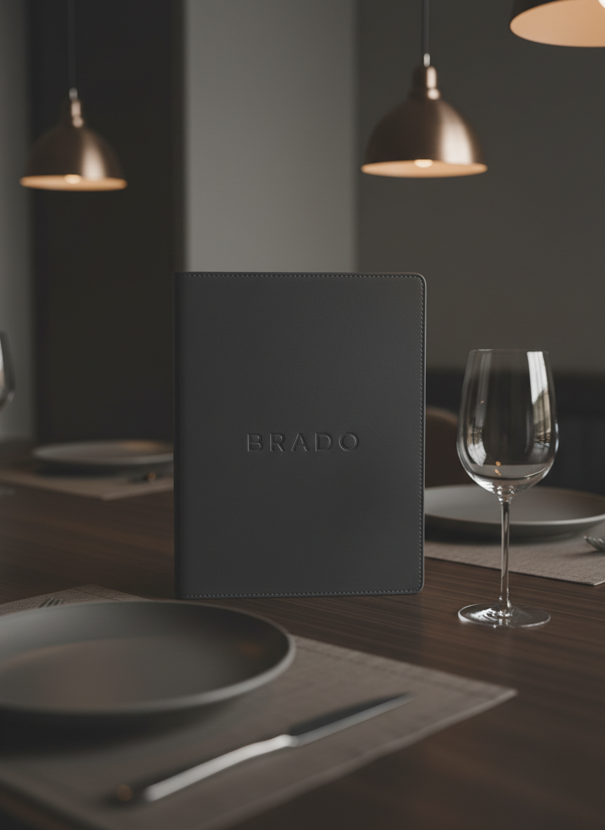 An elegant hero image of the BRADO name subtly embossed on a dark, slate-grey leather menu cover resting on a walnut table. The letters are debossed with a soft, matte finish, catching delicate highlights from warm, indirect pendant lighting above. Around the menu, only minimal hints of the restaurant appear: the curved rim of a muted ceramic plate, the stem of an empty crystal water glass, and the corner of a fine-weave linen placemat in smoky taupe. The composition is centered on the logo, with a shallow depth of field gently blurring the surroundings. The mood is refined and intimate, evoking a sophisticated Italian ristorante with a minimalist, photographic realism aesthetic and a muted, desaturated color palette.