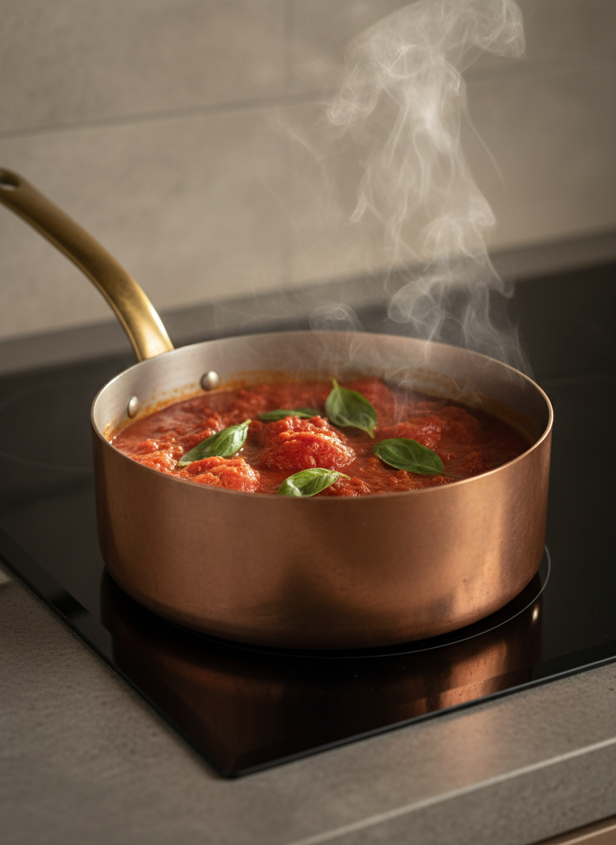 A close-up of a traditional Italian copper pot with a softly worn, brushed surface, gently simmering a tomato basil sauce. The rich red sauce is slightly muted in tone, with visible pieces of San Marzano tomatoes and whole basil leaves floating on top, their green softened by the warm steam. The pot sits on a professional matte-black induction cooktop embedded in a stone countertop with a cool greige hue. Overhead, diffused warm kitchen lighting creates a subtle glow on the copper and delicate steam trails rising into a softly blurred background of neutral-tiled wall. The composition is tight and intimate, shot at a low, three-quarter angle with shallow depth of field, giving prominence to texture and detail. The atmosphere feels artisanal, calm, and meticulously crafted, aligning with a sophisticated, photographic, minimalist aesthetic.